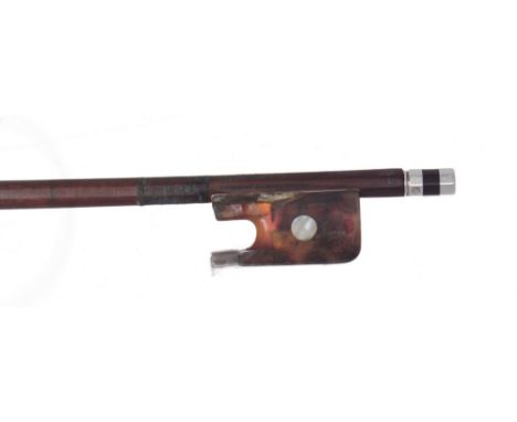 German silver mounted violoncello bow by and stamped *Albert Nurnberger*, the stick round, the tortoiseshell frog inlaid with