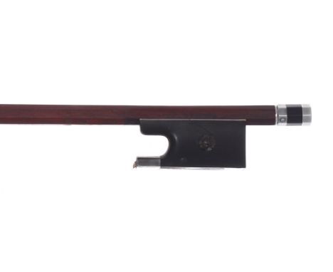 French silver mounted violin bow by and stamped Charles Enel á Paris, the stick round, the ebony frog inlaid with pearl eyes 