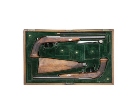 A Very Rare Cased Pair Of Liège Montigny Patent 40-Bore Needle-Fire Breech-Loading Pistols With Attachable Shoulder-StockBy P