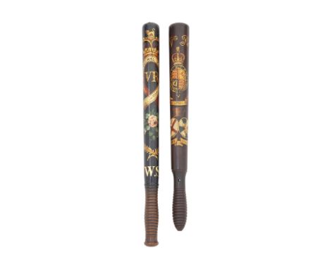 Two Victorian Constabulary Truncheons The First Dated 1848Each of hardwood, the first painted in polychrome and gilt with 'VR