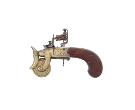 A Flintlock Powder-TesterEarly 19th CenturyOf box-lock pistol form, with brass action engraved with a vacant oval against a m