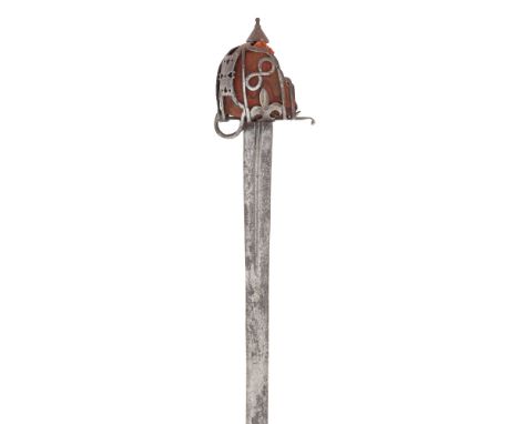 A Basket-Hilted Broadsword In 18th Century Style With tapering double-edged blade cut with two narrow fullers over each side 
