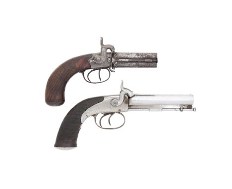 A 60-Bore Percussion Four-Barrel Box-Lock Turn-Over Pistol, And A Cased 25-Bore Percussion D.B. Box-Lock Pistol The first By 