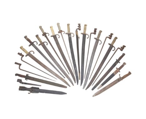 Twenty-Four Various Military Bayonets Mostly 19th CenturyComprising six French model 1866 Chassepot bayonets, each in its ste