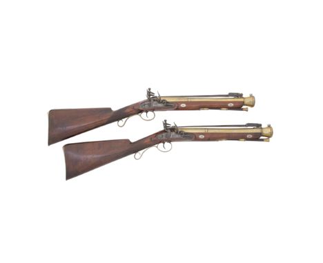 A Very Rare Pair Of Brass-Barrelled Flintlock Blunderbusses With Spring BayonetsSigned H. Nock, London, Circa 1815-20Each wit