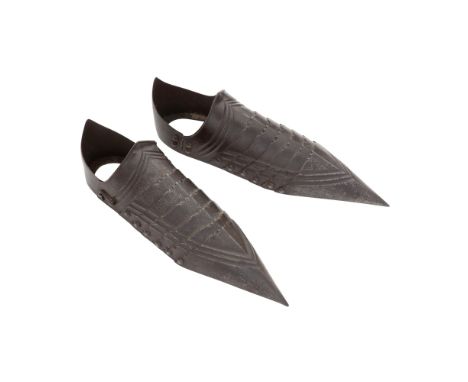 A Pair Of Solerets In Gothic Style Of The Late 15th Century, And A Reproduction Close-Helmet In English 16th Century StyleThe