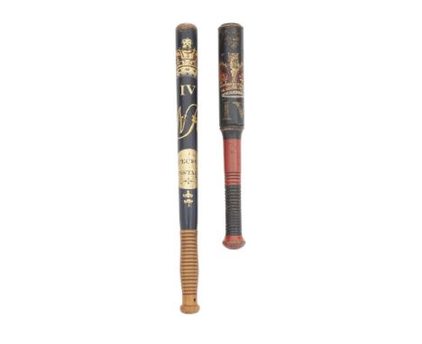 Two William IV Constabulary Truncheons Circa 1835Each of hardwood, the first painted in gilt and polychrome against a black g