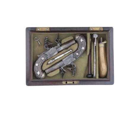 A Cased Pair Of 40-Bore Flintlock Box-Lock Pocket PistolsBy Jones, London, Early 19th CenturyWith turn-off barrels each engra