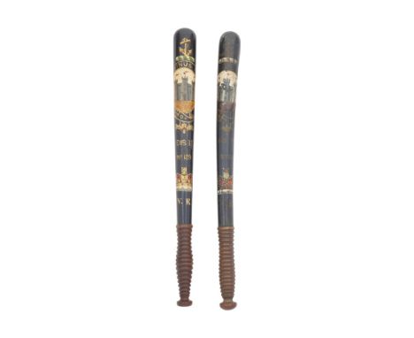 Two Victorian Scottish Constabulary Truncheons19th CenturyEach of hardwood, the first painted in polychrome and gilt against 