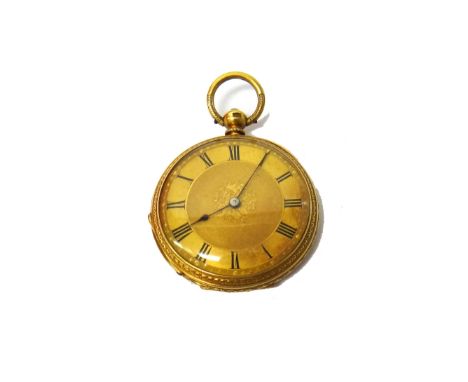 A lady's gold cased, key wind, openfaced fob watch, with an unsigned gilt lever movement, gilt metal inner case, the decorate