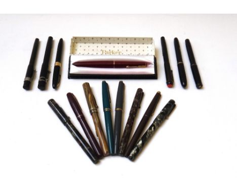 Fifteen vintage fountain pens, including; Trupoint, the 'John Bull' pen, a Watermans W2B, a Swan self filler, another in a gr