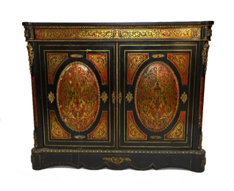 A 19th century ebonised gilt metal mounted Boulle work side cabinet, with pair of convex oval panel doors on plinth base, 137