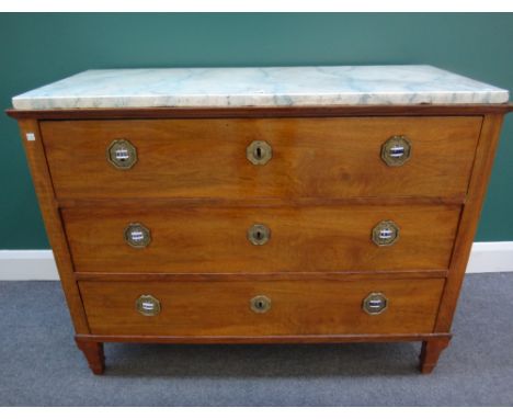 A late 19th century Continental commode, the faux marble top over three long drawers on tapering square supports, 114cm wide.