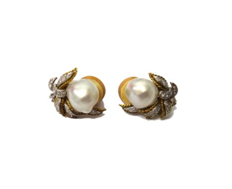 A pair of gold, diamond set and baroque cultured pearl earclips, each formed as a stylized bud, mounted with a single baroque