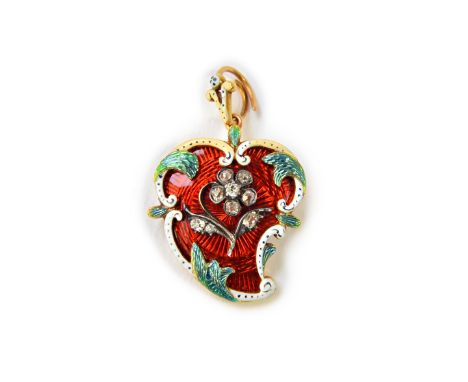 A gold, enamelled and diamond set pendant brooch, the front with a diamond set flower spray, on a red guilloche enamelled gro