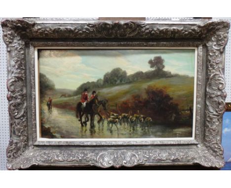 English School (20th century), Hunting scene, oil on board, 30cm x 52cm.