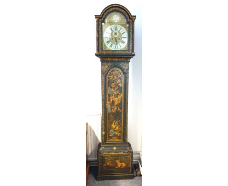 An 18th century green lacquer, gilt chinoiserie decorated eight day longcase clock, the arch top twelve inch dial with subsid