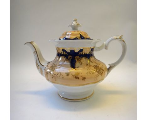 A Ridgway porcelain apricot and blue ground part tea and coffee service, circa 1840, comprising; a teapot, cover and stand, a