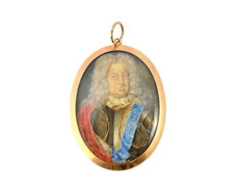 A late 17th/early 18th century French miniature on card, depicting a military officer, blue and red sash over armour, set in 