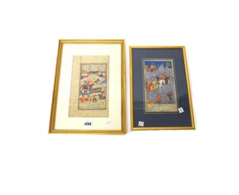 Two illustrated Safavid folios, Iran, second half 16th and early 17th century, the first depicting a prince shooting an arrow