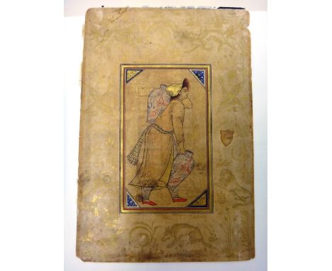 A youth carrying jars, Iran, 19th century, in ink with transparent pigments and gold on paper, standing carrying two jars, th