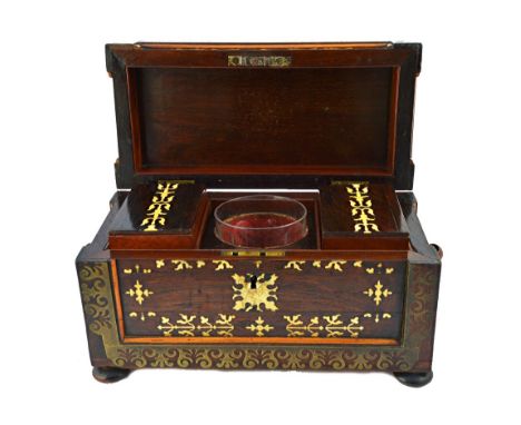 A Regency brass and bone inlaid rosewood rectangular tea caddy, with twin lidded interior on bun feet, 34cm wide.  Illustrate