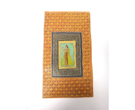 An album page; full length portrait of a lady, possibly Deccan, India, second half 18th century, opaque pigments heightened w