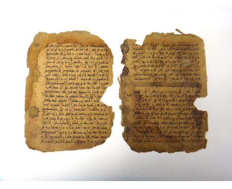 Two folios from a Qur'an in Eastern kufic script, Iran, 12th century, Qur'an XLV (sura al- jathiya), v.23 to Qur'an XLVI (sur
