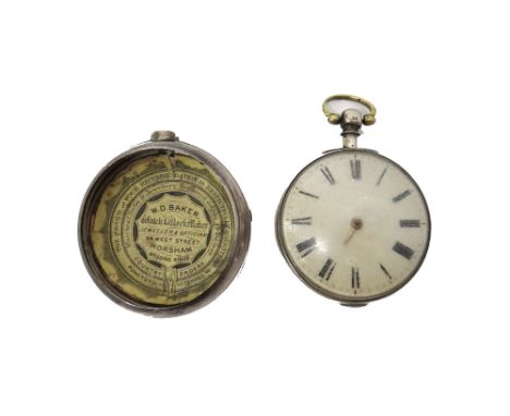 A gentleman's silver pair cased, key wind, hunting cased pocket watch, the gilt fusee movement with a verge escapement, detai