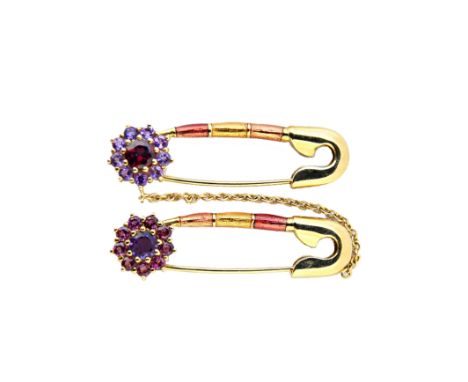 A 9ct gold, amethyst, garnet and vary coloured gemstone set and enamelled twin brooch, designed as two safety pins, each with