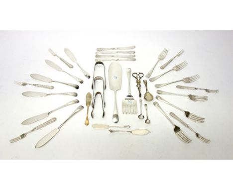 A pair of silver scissor action sugar nips, three pairs of silver sugar tongs, various dates, three silver butter knives and 