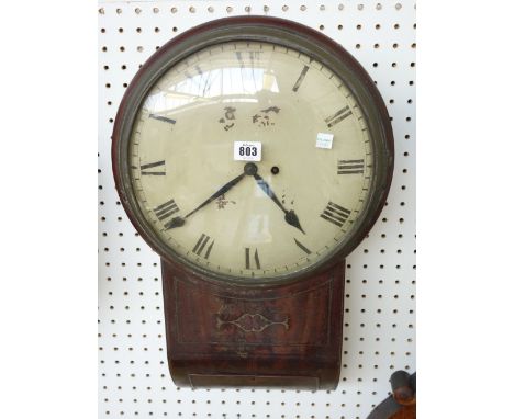 A mahogany and brass inlaid drop dial wall clock, mid 19th century, with an eleven and a half inch white painted plain dial, 