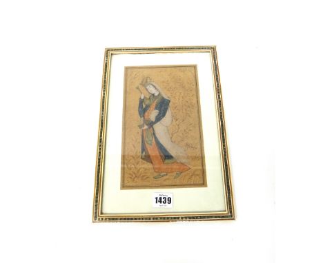 A Persian painting of a young woman, 19th/20th, watercolour on paper, painted standing in long robes holding a flask in one h