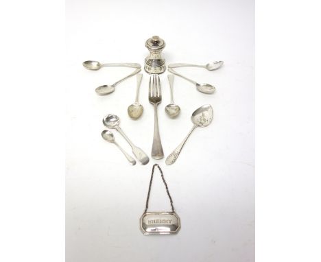 Silver and silver mounted wares, comprising; an Old English pattern table fork, Sheffield 1903, a pepper mill, seven various 