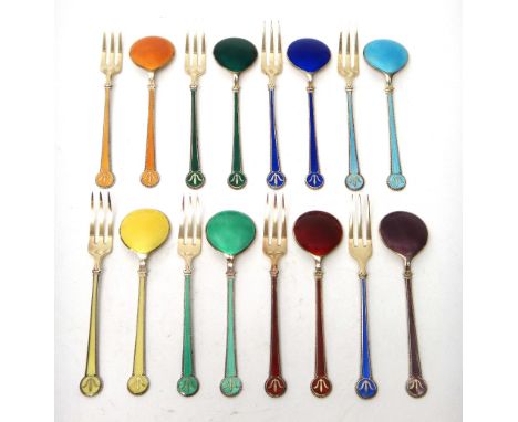 Eight Norwegian silver gilt and vari coloured enamel pastry forks and eight Norwegian silver gilt and vari coloured enamel sp