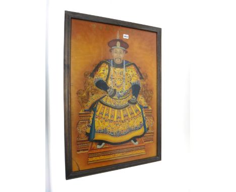 A Chinese reverse glass painting, probably 20th century, painted with a portrait of the Emperor Kangxi seated on a dragon thr