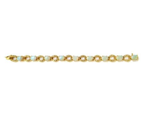 An 18ct gold, opal and diamond set bracelet, claw set with a row of nine oval opals and with diamond set oval openwork links 