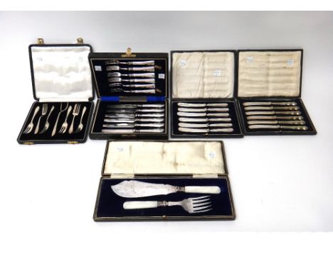A set of six silver pastry forks and a pastry serving fork, Birmingham 1933, cased and plated sets, comprising;  a pair of fi