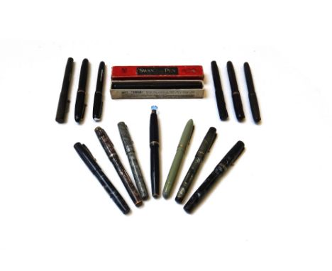 Fourteen vintage fountain pens, including; a Swan Mabie Todd self filler, boxed, a Blackbird self filler, a Permapoint, a Par