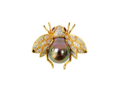 A gold, diamond and ruby set and grey tinted cultured pearl brooch, designed as a winged insect, the body formed from the gre