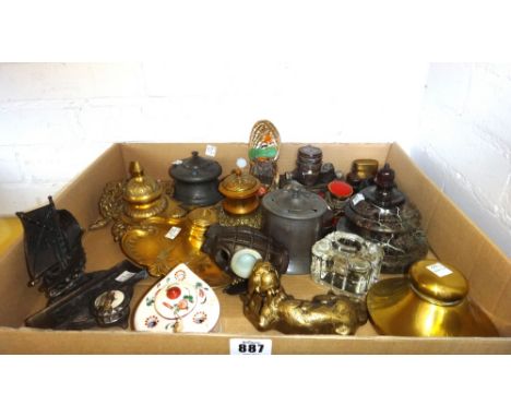 A Cornish serpentine inkwell of turned form, 11.5cm high, a novelty brass 'dog' inkwell, a brass Art Nouveau inkwell, and oth