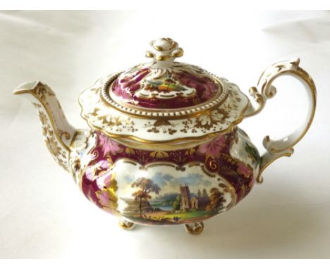 A Ridgway porcelain part tea service, circa 1830-40, painted with landscape vignettes against a maroon ground enriched in gil