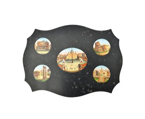 A micro mosaic picture panel comprising five roundels depicting St Peters square, The Roman Colosseum, Capitoline Hill and tw