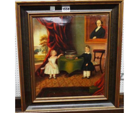 English Provincial School (c.1840), Portrait of a young brother and sister in an interior by a goldfish bowl, oil on canvas, 