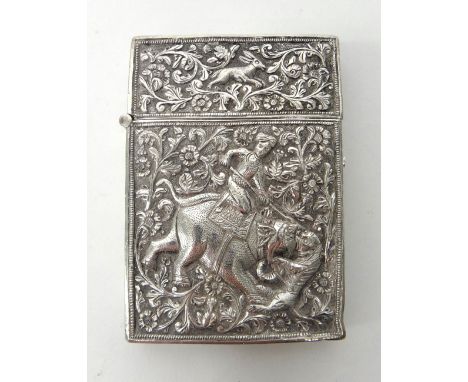 An Eastern rectangular visiting card case, probably Burmese, decorated with hunting scenes with a horse, an elephant and furt