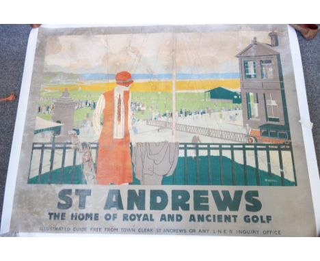A vintage poster ; St Andrews is the home of Royal & Ancient Golf, laid to linen (a.f), and a German travel poster, 123cm x 9