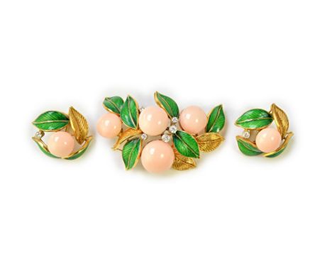 A gold, diamond and coral set and green enamelled brooch, designed as a fruiting and foliate spray, detailed 18 K and a pair 