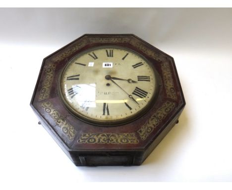 An octagonal rosewood and brass inlaid dial clock, mid 19th century, with a twelve inch white painted dial and single train f