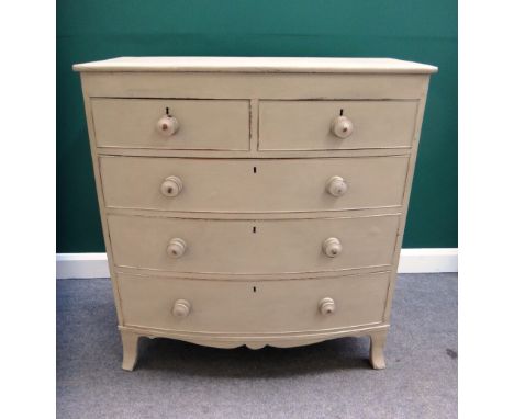 An early 19th century and later green painted bowfront chest of two short and three long graduated drawers, on splayed bracke