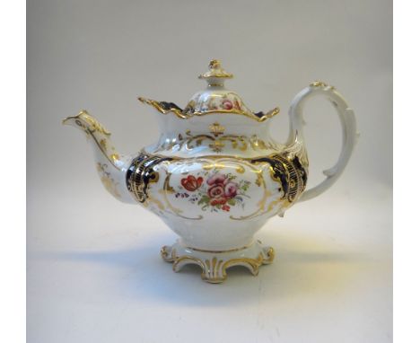 A group of Ridgway porcelain teawares, 19th century, comprising; a `Union' pattern teapot and cover and milk jug, painted wit